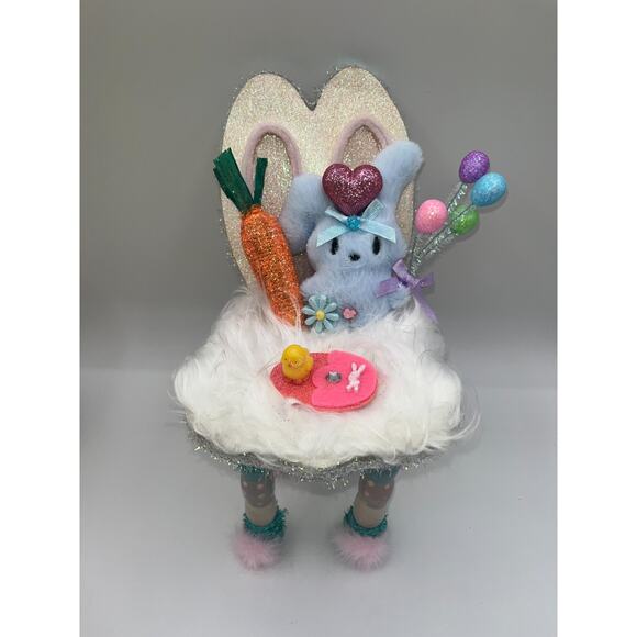 Vintage Wooden Easter Bunny Chair Faux Fur Blue Bunny Egg Balloons Deb O. OOAK - Picture 2 of 16